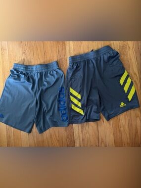adidas Gray Athletic Shorts with Blue Logo and Neon Yellow Accents size 14